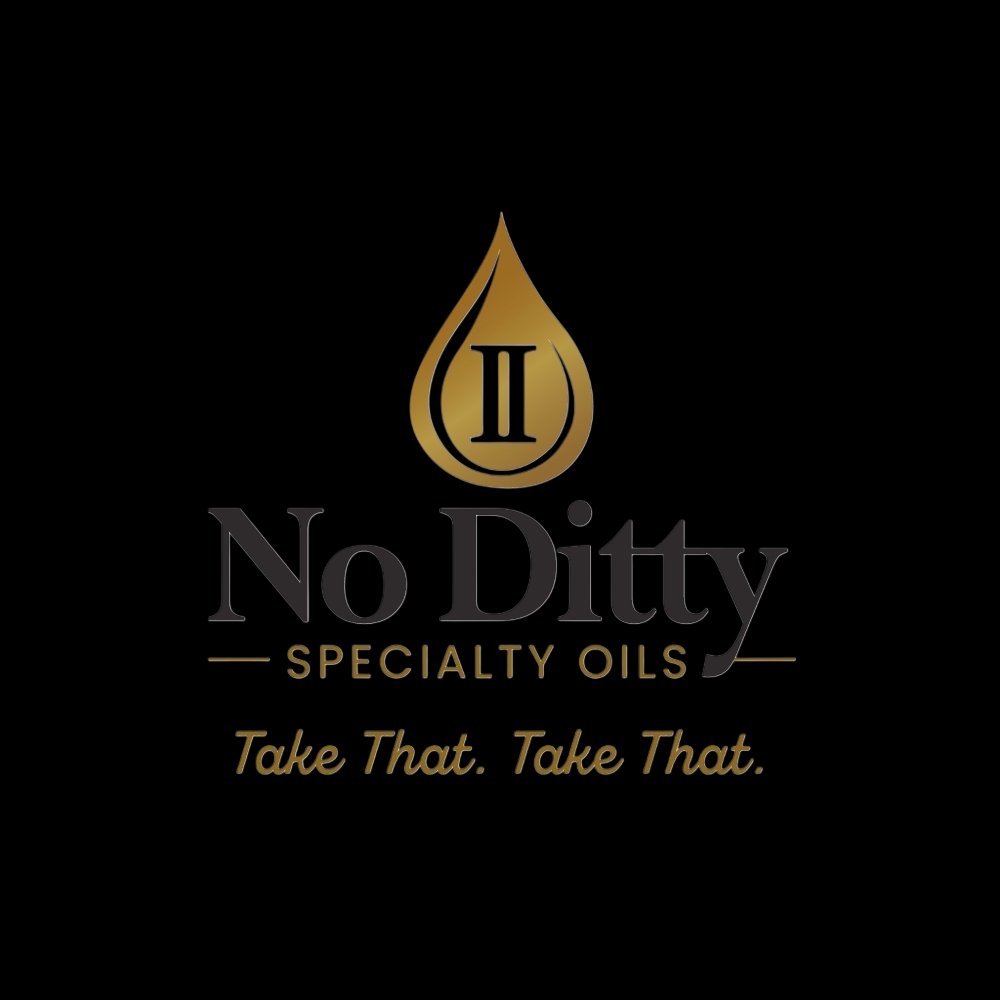 A luxury logo for No Ditty Specialty Oils on a solid black background. The design features a metallic gold oil droplet containing a Roman numeral "II," followed by the brand name in a sleek serif font and the gold-scripted tagline "Take That. Take That."